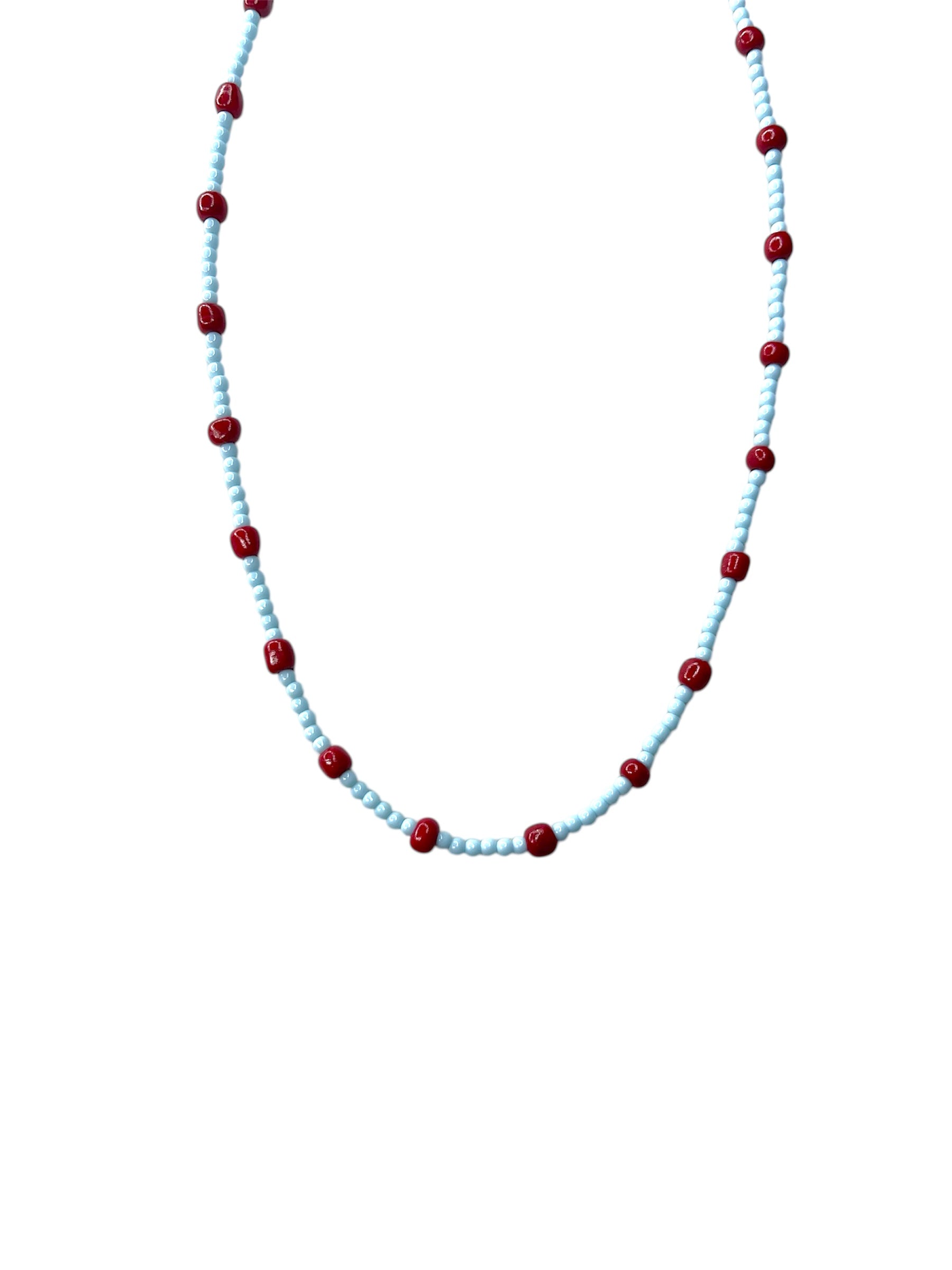 BABY BLUE/RED DOTS BEADED NECKLACE