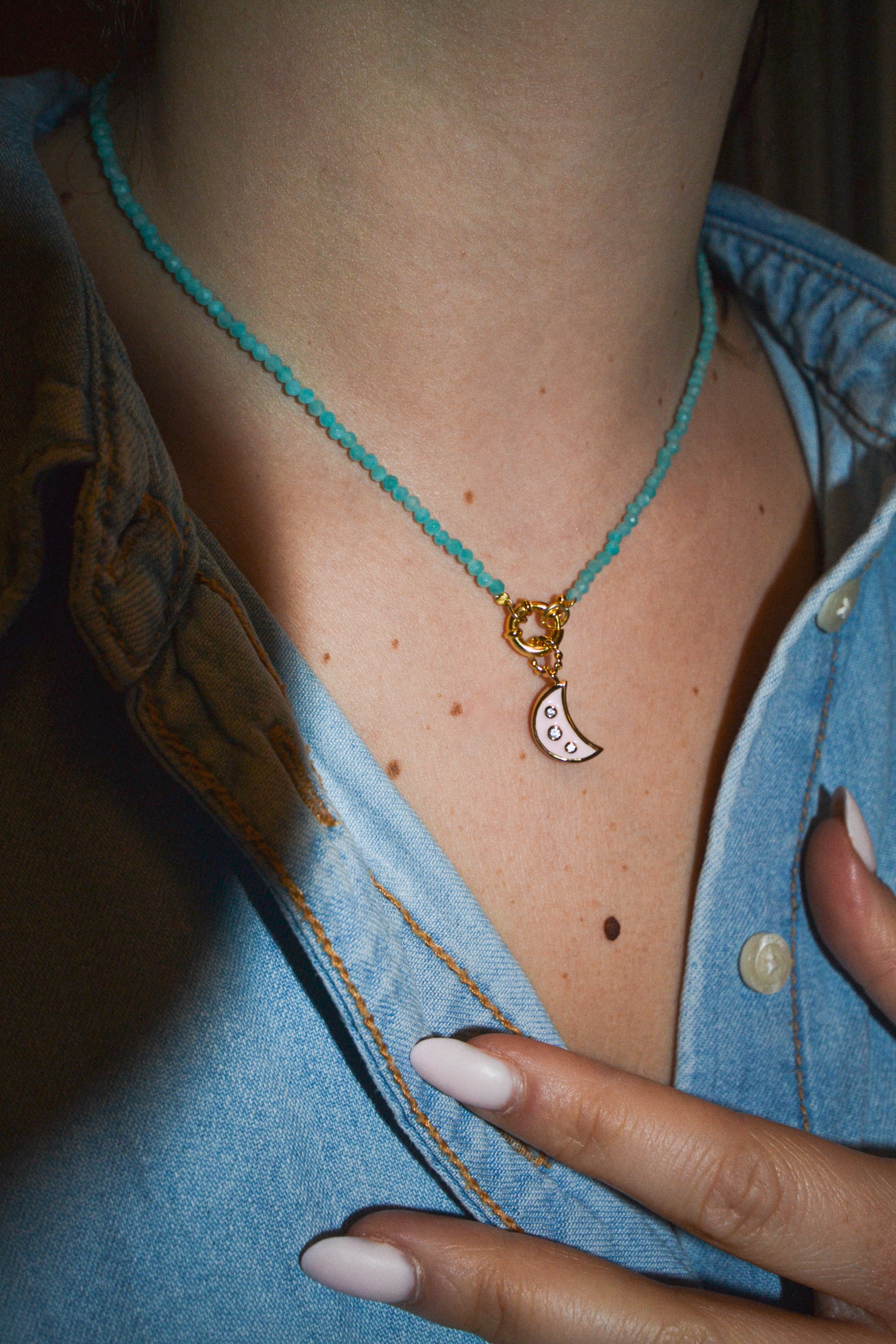 PINK ENAMEL MOON PENDANT