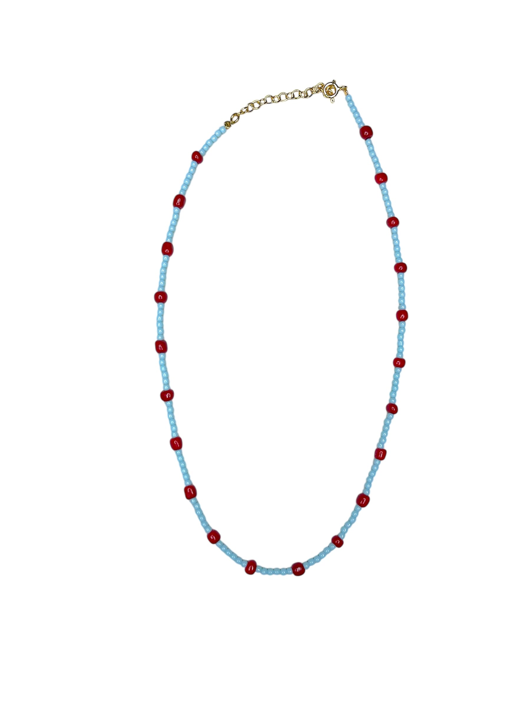 BABY BLUE/RED DOTS BEADED NECKLACE